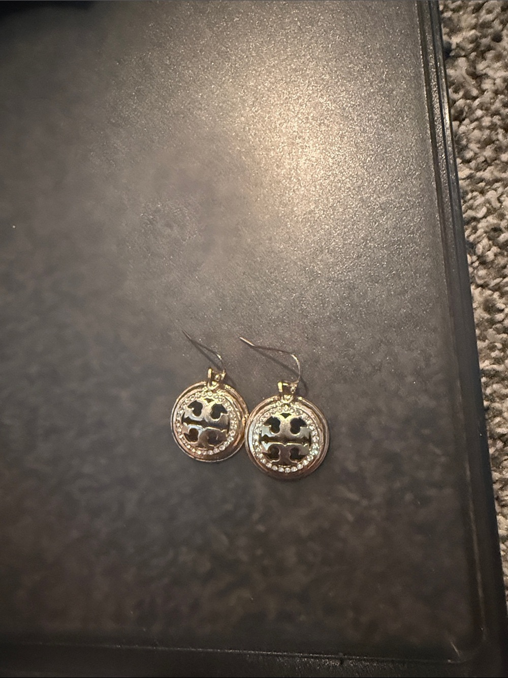 Tory Burch Gold-Tone Round Logo Drop Earrings with Crystal Pavé